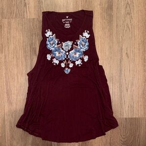 American Eagle Outfitters Burgundy Tank Top with Blue Floral Design